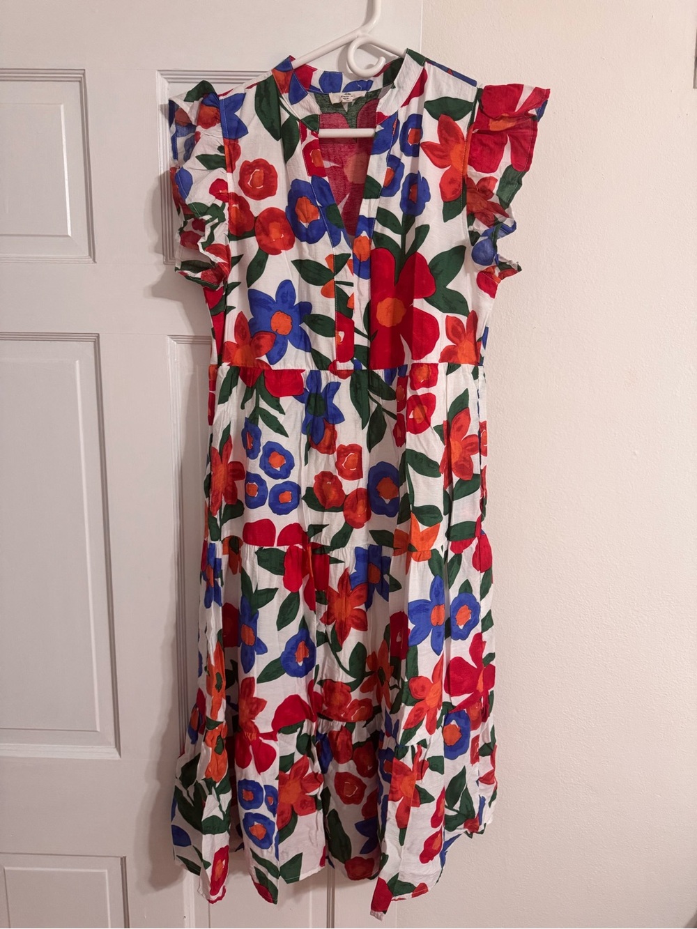 Bright Floral V-Neck Midi Dress with Flutter Sleeves